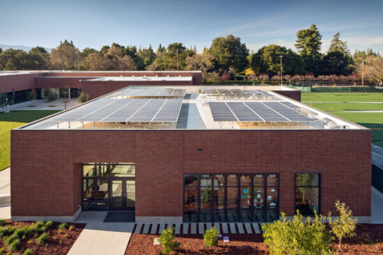 A view of Stevens Library’s rooftop with the solar photovoltaic system. (Photo by Bruce Damonte)