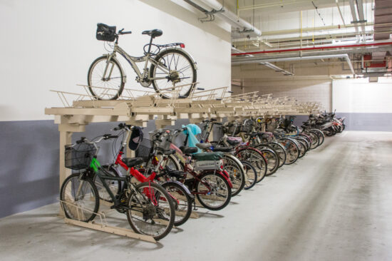 Secured bicycle parking and showering facilities are provided in the basement level of Hua Nan Bank Headquarters. (Photo by Mignon O'Young)