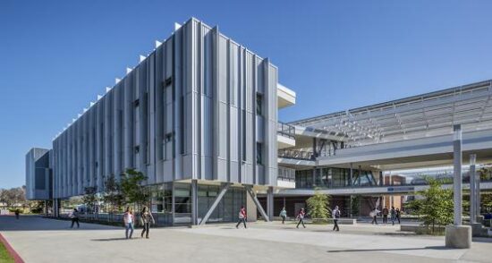 The Los Angeles Harbor College Science Complex achieved NZE and LEED Platinum certifications, avoiding 600,000 +/- pounds of CO2 emissions and offsetting 2,000,000 +/- pounds of CO2 by ZNE strategies. (Photo courtesy hGA Architects and Engineers)