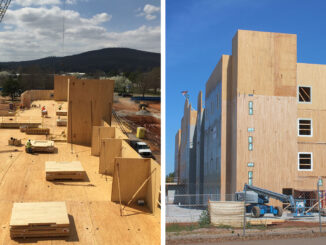 The four-story, 92-unit Candlewood Suites’ walls, floors, ceilings, and stair and elevator shafts required 1606 cubic meters of CLT and 34 cubic meters of glulam supplied by Nordic Structures in Quebec