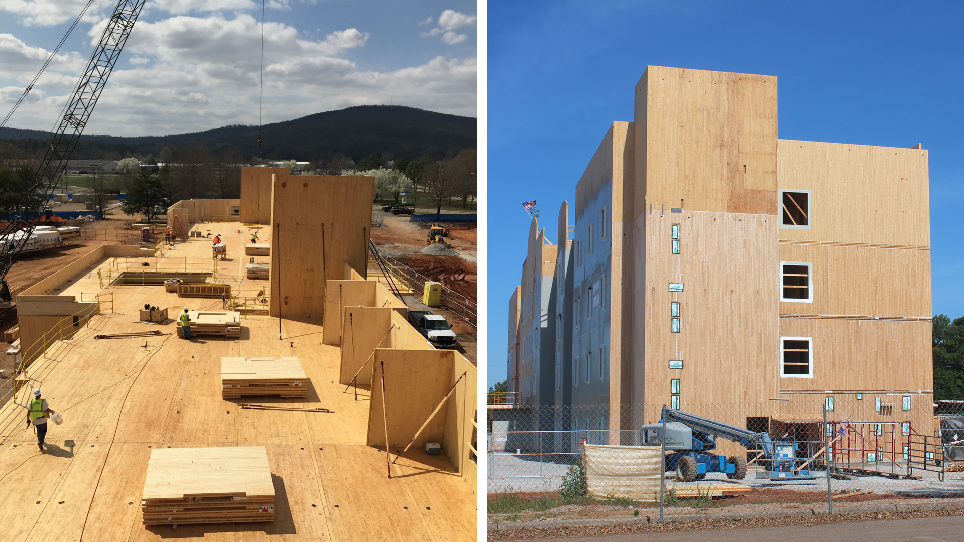 The four-story, 92-unit Candlewood Suites’ walls, floors, ceilings, and stair and elevator shafts required 1606 cubic meters of CLT and 34 cubic meters of glulam supplied by Nordic Structures in Quebec. (Photo courtesy Nordic Structures)