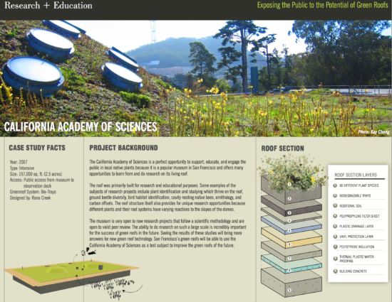 The green living roof at the California Academy of Sciences completed in 2007 has 2.5 acres of local, native plants and was built primarily for research and education purposes. (Image courtesy San Francisco Planning Department)