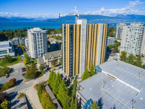 Targeting LEED Gold certification, the 18-story Brock Commons - Tallwood House is the newest residential tower for over 400 University of British Columbia students and is the tallest mass timber building in the world. The structure was completed in less than seventy days after the prefabricated components were delivered to the jobsite. (Photo courtesy University of British Columbia)