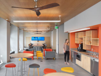 The kitchen area and conference/event space at Beneficial State Bank’s new offices were thoughtfully designed by Gelfand Partners Architects and accented with fun colored furniture