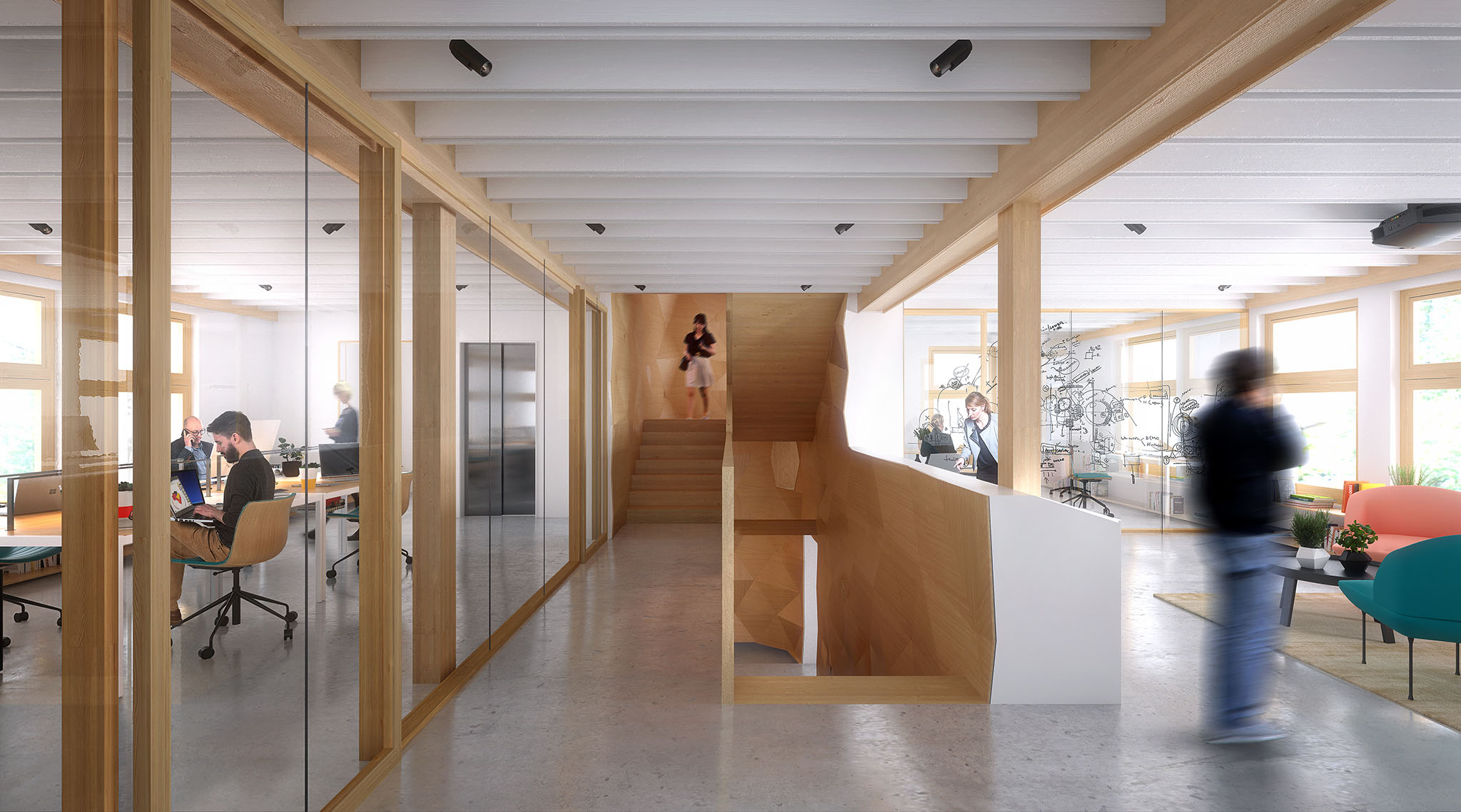 The interior of HouseZero, Harvard University’s Center for Green Buildings and Cities’ new headquarters designed by Snøhetta. (Image courtesy Snøhetta/Plompmozes)