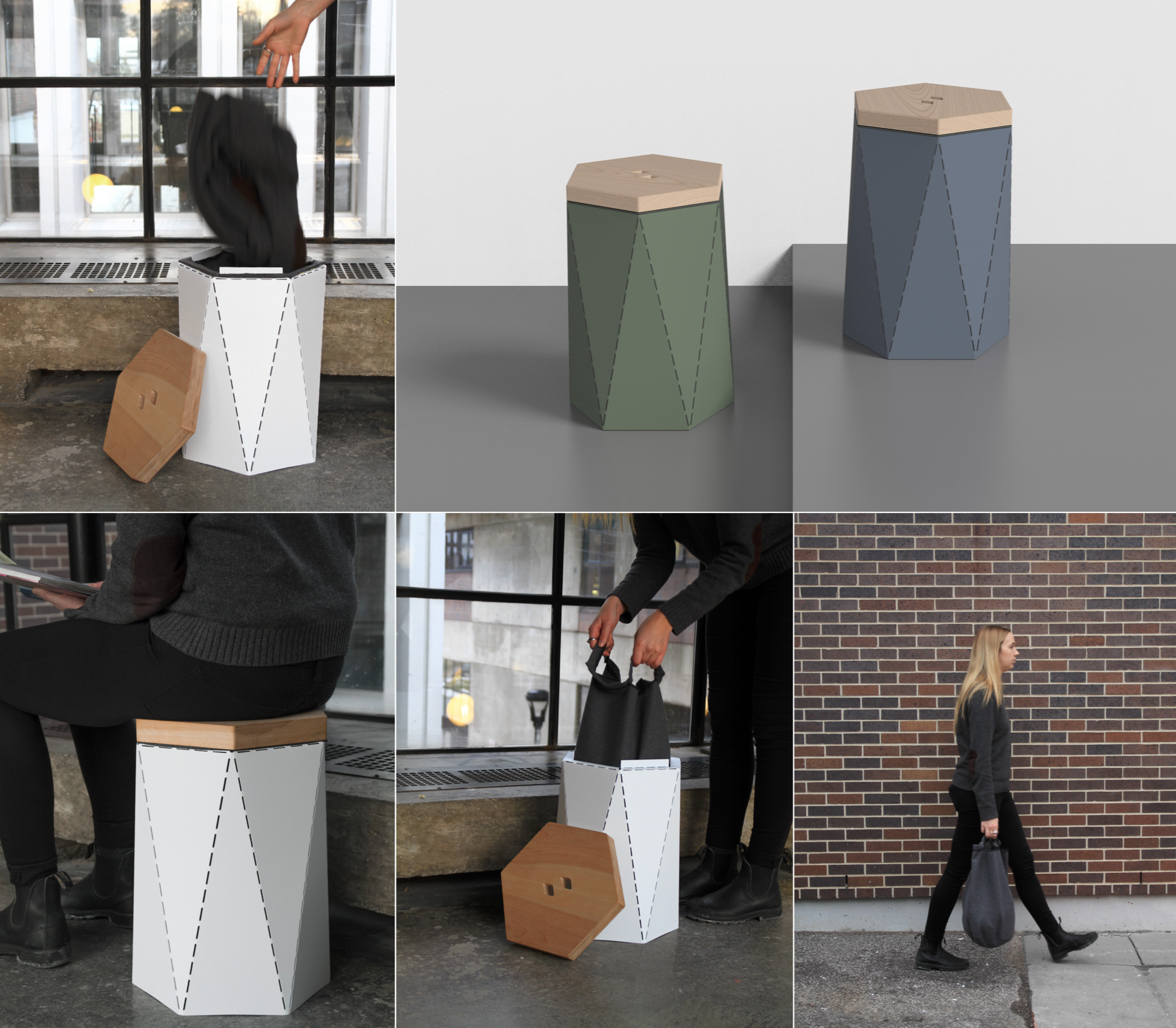 The goal of the TO Stool is to adjust throwaway habits by encouraging and facilitating the diversion of used textiles into circular life cycle streams. A removable bag located underneath the seat, which is often wasted space, creates a dedicated area within the home for the storage of textiles intended for donation or recycling. Once full, the bag can easily be removed for transporting to donation facilities. (Image courtesy Robert Shudra)