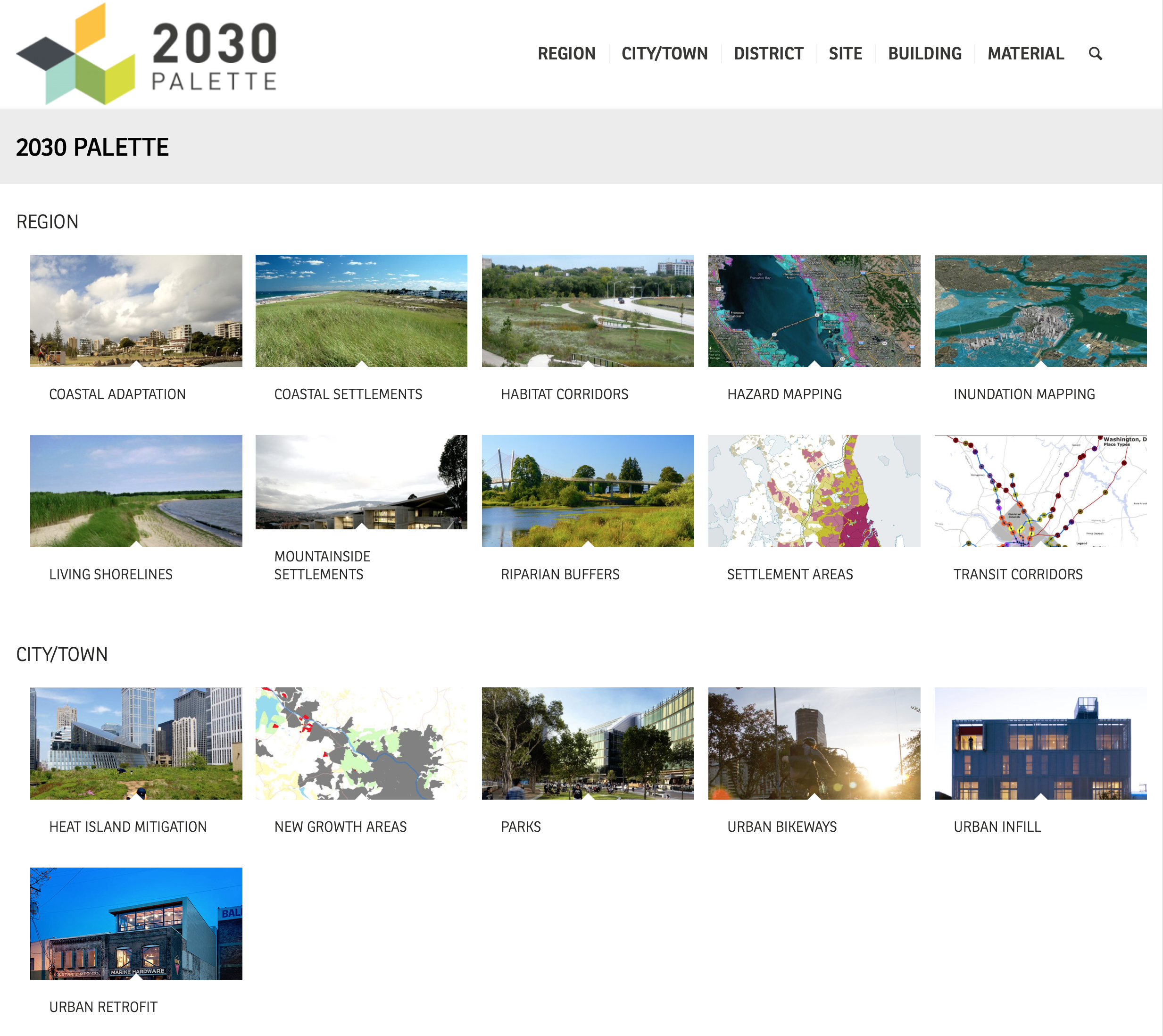 The 2030 Palette database is broken down by regional- and city- scaled conditions such as riparian buffers, transit corridors, heat island mitigation and urban bikeways. (Image courtesy 2030 Palette)