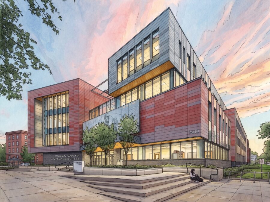 Illustration of Benjamin Banneker Academic High School Exterior and Central Commons Feature