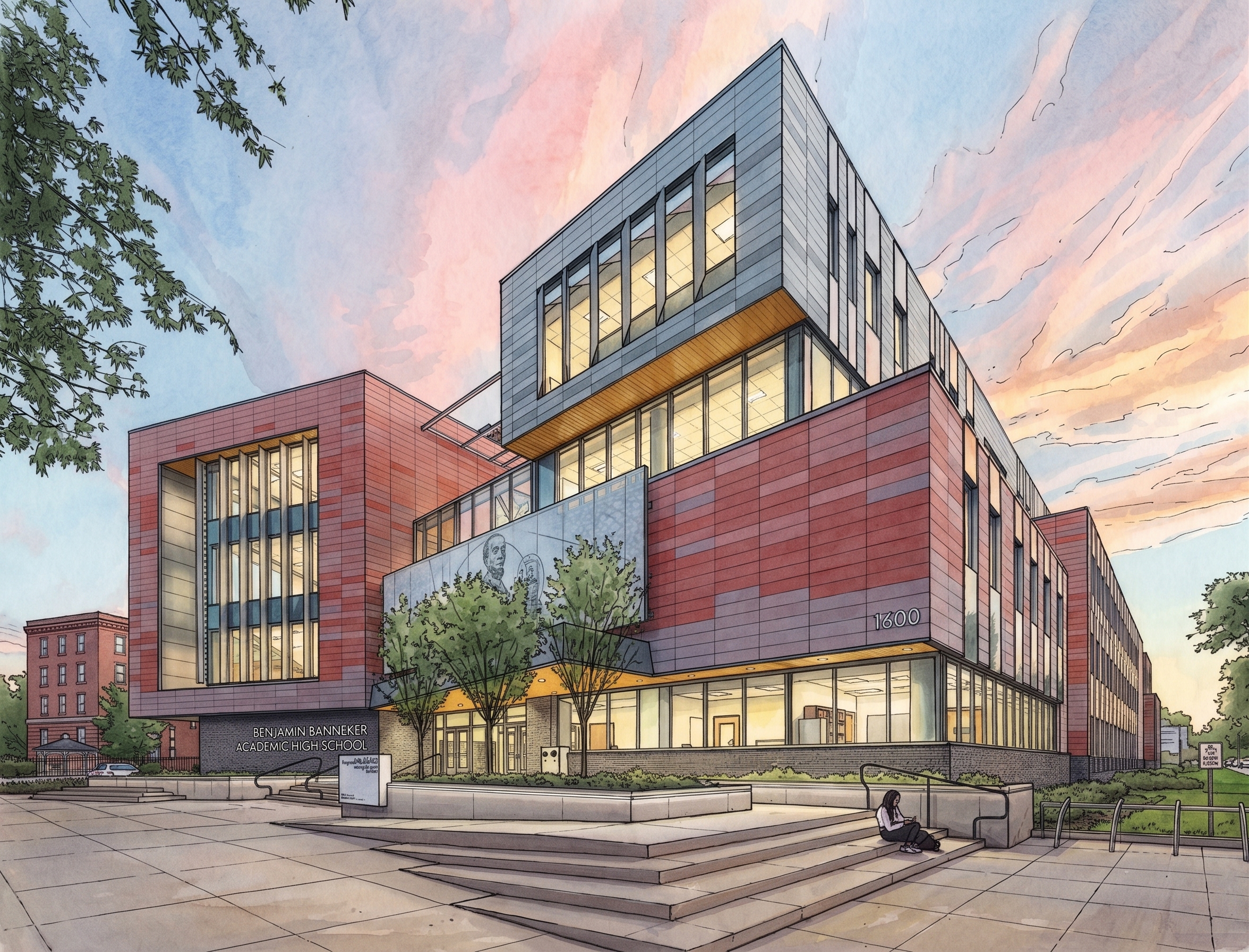 Illustration of Benjamin Banneker Academic High School Exterior and Central Commons Feature