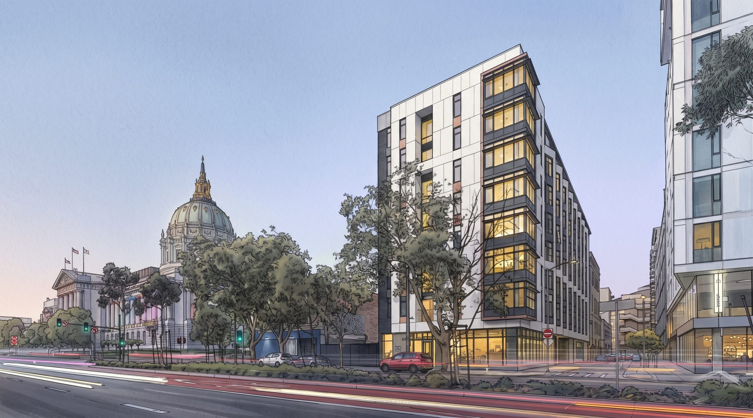 Illustration of The Kelsey Civic Center Exterior and Civic Presence